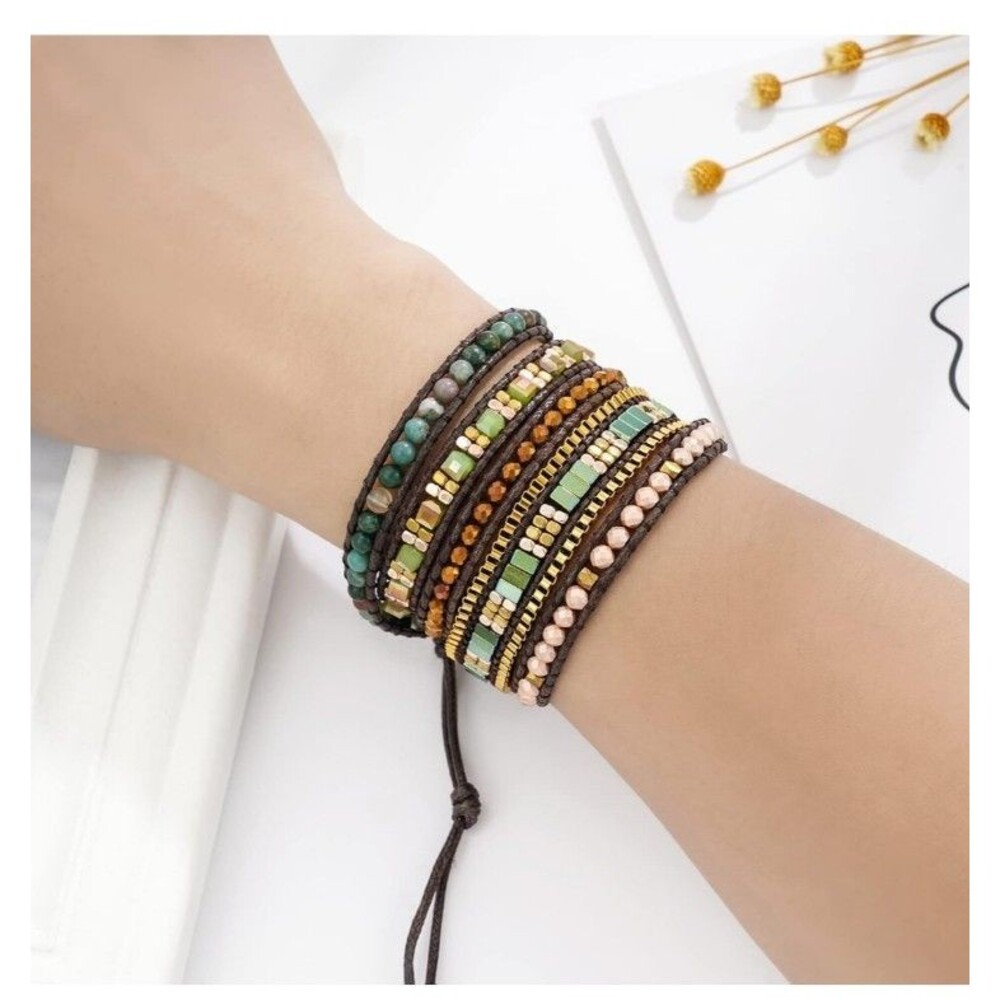 Boho Wrap Bracelet Natural Stone Beaded Leather Cuff Turquoise Green Adjustable